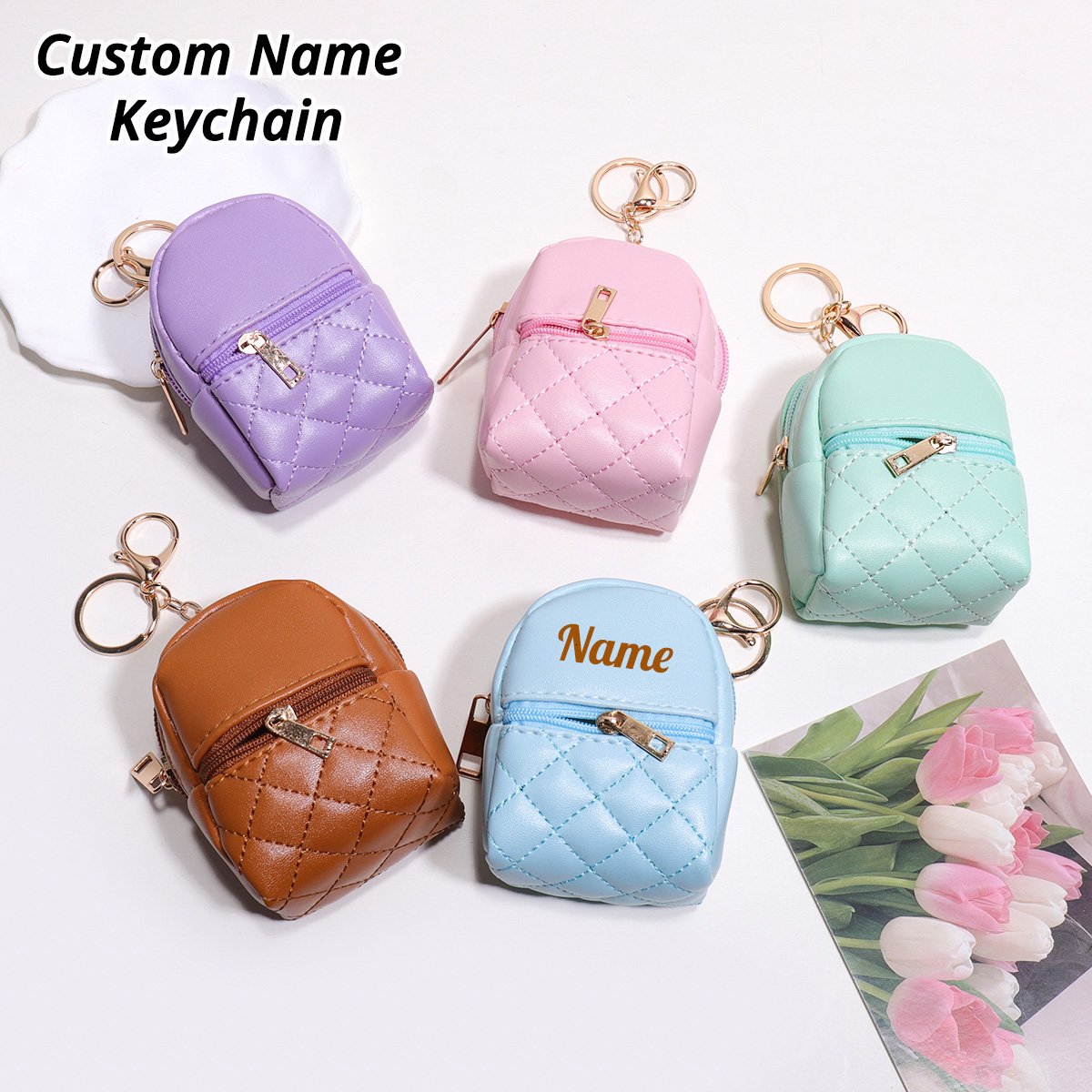 Leatherwork Wallet - 미니 맞춤 이름 키체인 동전 지갑
